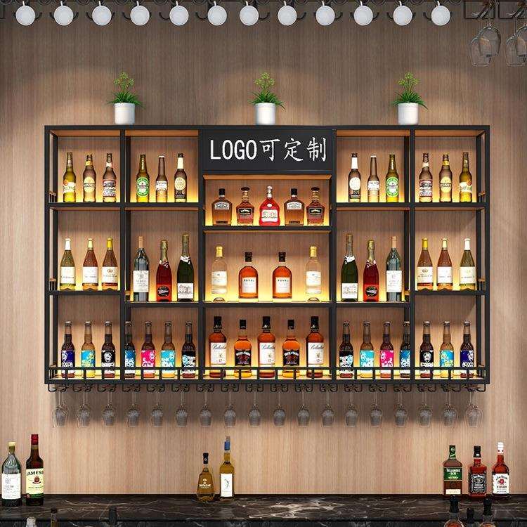 店铺挂墙红酒架子简约吧台壁挂酒柜展示柜铁艺发光酒架置物架定