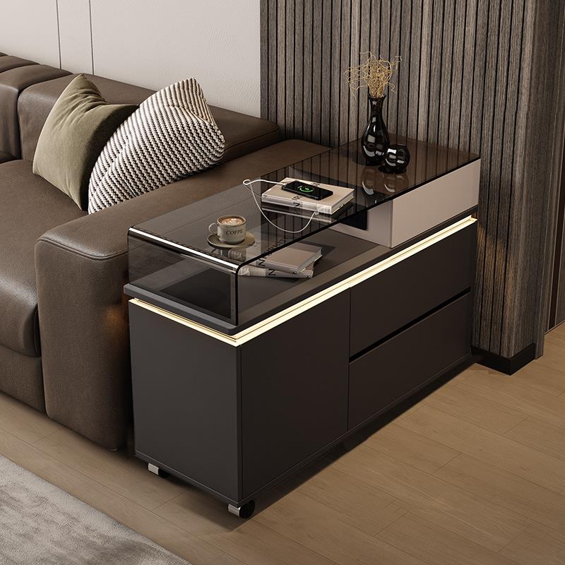 意式沙发侧边柜创意轻奢感边几2025新款可移动带灯玻璃小茶几
