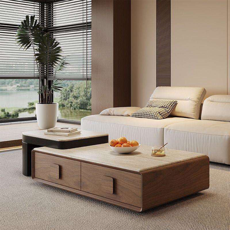 法式实木洞石茶几客厅家用中古风简约现代岩板茶几小户型2024新款