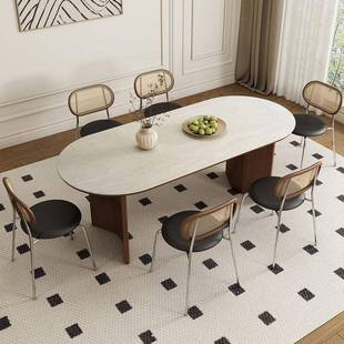 实木餐桌设计师款网红小户型中古风椭圆形洞石岩板餐桌椅