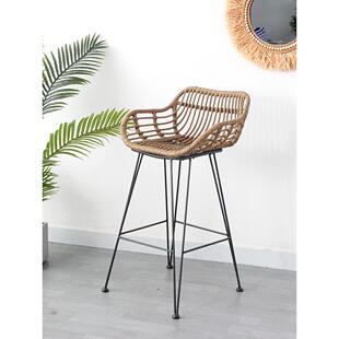藤编高靠背吧椅简约铁艺高脚凳藤艺防水防晒高椅子吧台椅复古吧凳