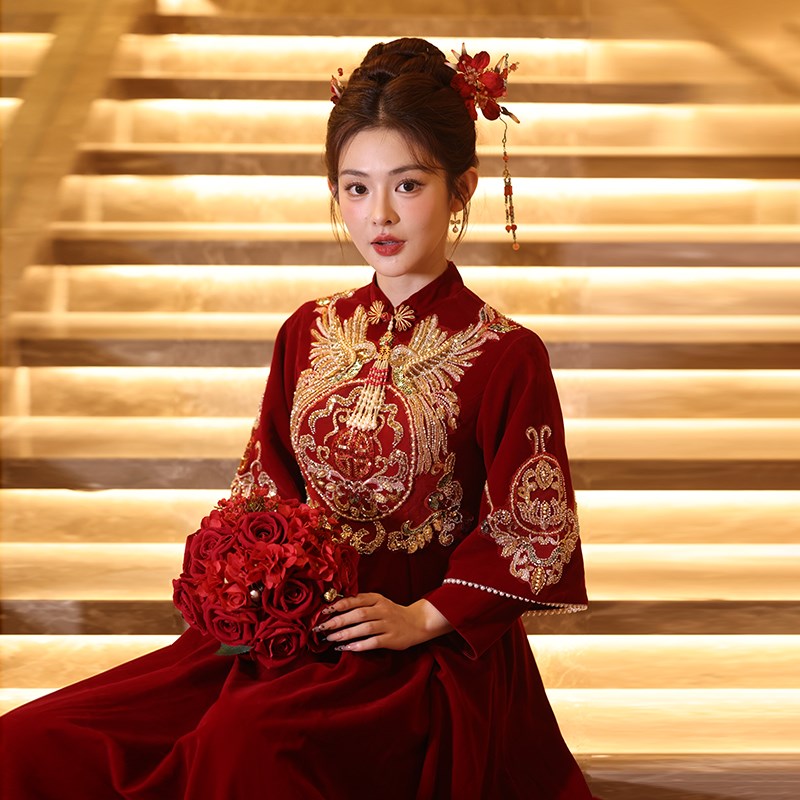 现货速发新中式孕妇敬酒服新娘2025新款高级感大码高腰长袖订婚秀