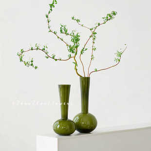 法式 中古高级感琉璃花瓶橄榄绿手工小众艺术蝴蝶兰插花瓶客厅摆件