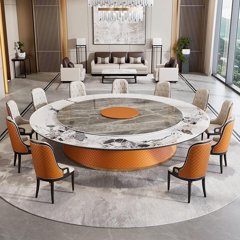 酒店电动岩板餐桌轻奢岩板隐形电磁炉火锅桌会所可旋转圆形 自动