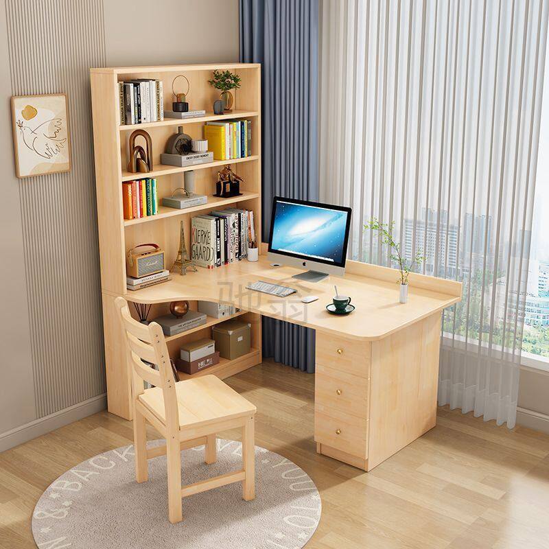 t8实木转角书桌书架组合卧室儿童学习写字桌学生简约台式办公电脑