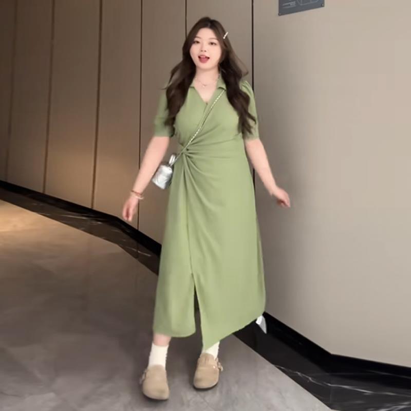 大码法式甜美纯欲不规则开叉连衣裙女夏季胖mm显瘦收腰遮肉A字裙