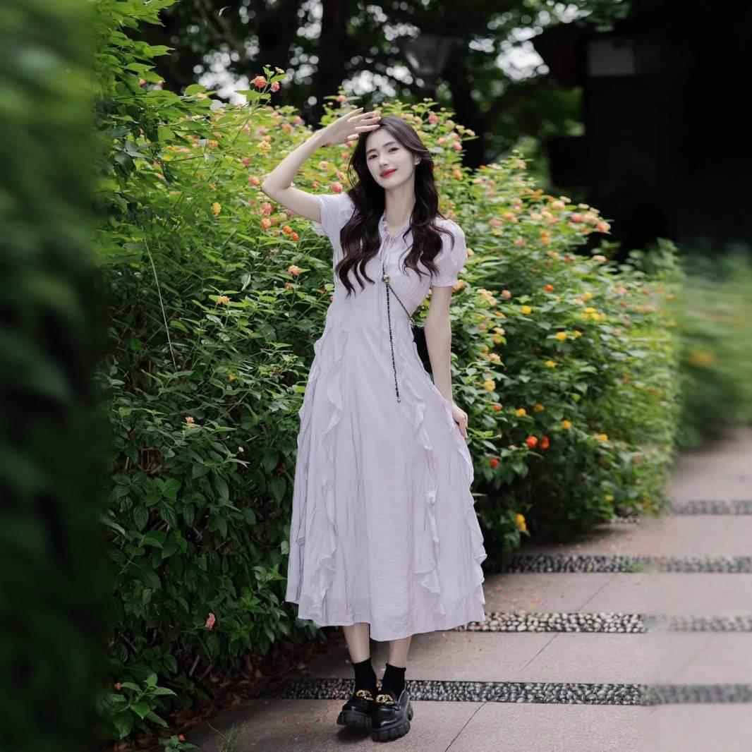 法桔梗泡0泡袖紫色连衣裙女225夏式季新款C54109荷美叶边气质显瘦