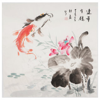 国画斗方手绘鱼紫藤牡丹鱼水墨画客厅餐厅装饰画邵磊00015