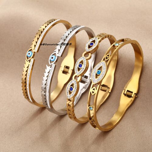 锆石恶魔之眼手镯 Evil Eye 镂空滴油蓝眼睛手环手饰 Bracelet