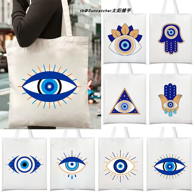 Evil Eye恶魔之眼帆布包购物袋 蓝眼睛印花大容量单肩包手提包bag