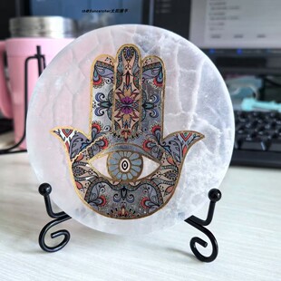 Hamsa石膏法蒂玛之手摆件 原石打磨恶魔之眼手掌工艺品有裂纹白纹