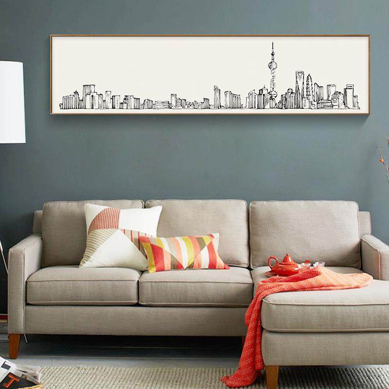 圣仕北欧客厅装饰画现代简约卧室床头有框横幅挂画书房办公室建筑