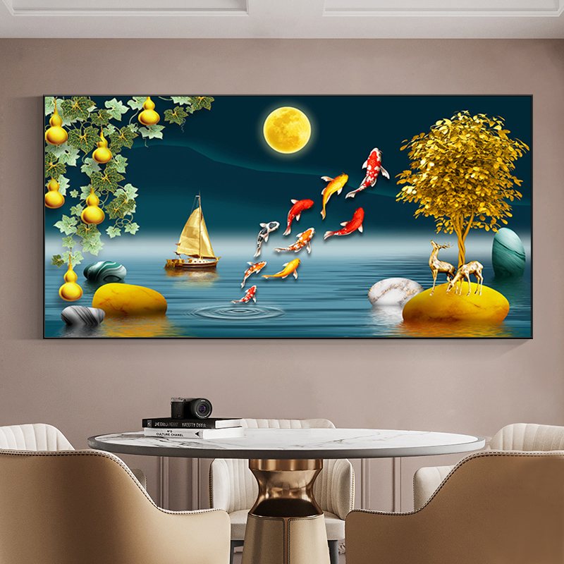 2022年新款5D满钻客厅餐厅发财麋鹿九鱼图钻石画DIY点贴钻十字绣