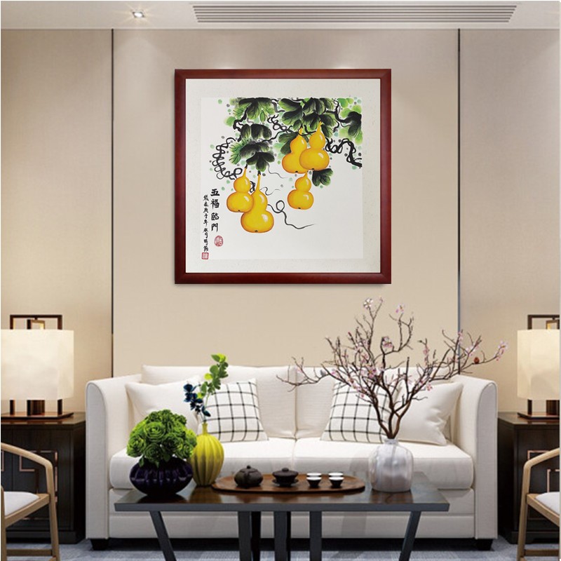 手绘新中式五福临门挂画入门玄关装饰画葫芦走廊过道尽头客厅壁画