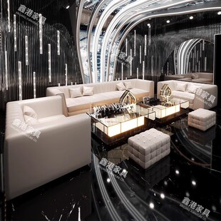 轻奢酒吧ktv沙发定制派对房会所酒吧清吧包厢UR型沙发发光茶几组