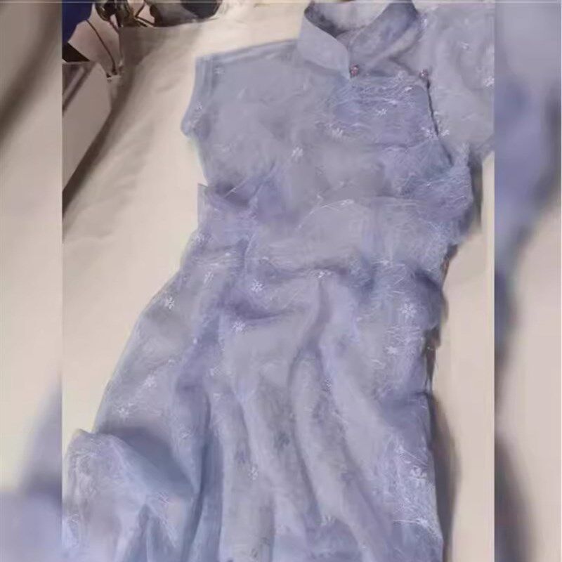 连衣裙法式温柔复古蕾丝薄款蓝色改良版旗袍N少女年轻款小个子日