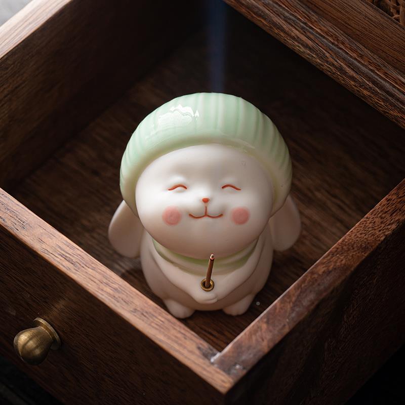 可爱兔插子陶瓷香薰炉摆件萌治077愈茶宠礼小品软家用室内线 线香