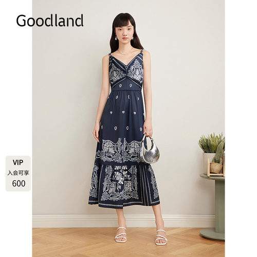 Goodland美地女装2025夏季新款法式民族风印花v领吊带连衣裙长款