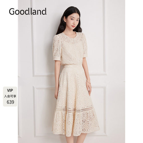 Goodland美地重工法式蕾丝短袖上衣女夏季LC35270650
