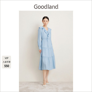 Goodland美地春季气质蓝色法式荷叶边醋酸连衣裙长裙
