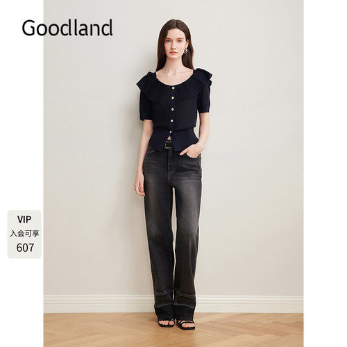 Goodland美地亚麻天丝法式荷叶边短袖针织上衣女夏季LC35206250