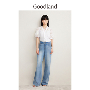 短袖 Goodland美地2024夏季 白色镂空法式 衬衫 新款 女