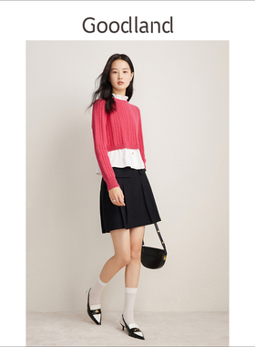 Goodland美地【明星同款】粉色花边假两件绞花针织上衣女春秋款