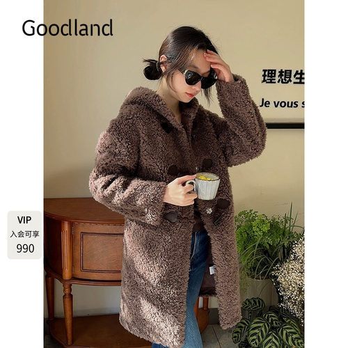 Goodland美地咖色100羊毛环保皮毛一体外套连帽大衣女LC34580430