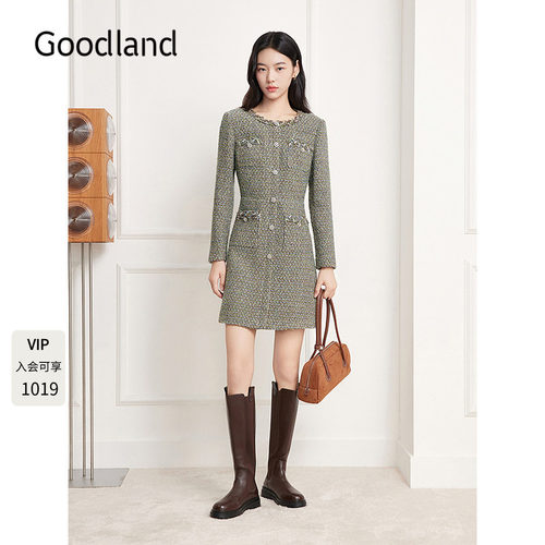Goodland美地绿色精致花纱法式小香风连衣裙2025冬新款LC35505220