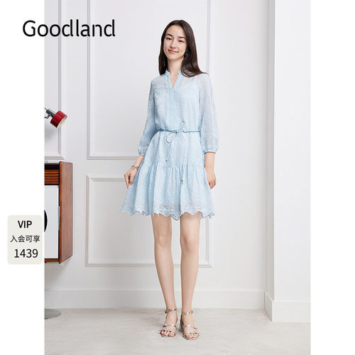 Goodland美地法式肌理刺绣系带碎花连衣裙2026秋季新款LC36305180