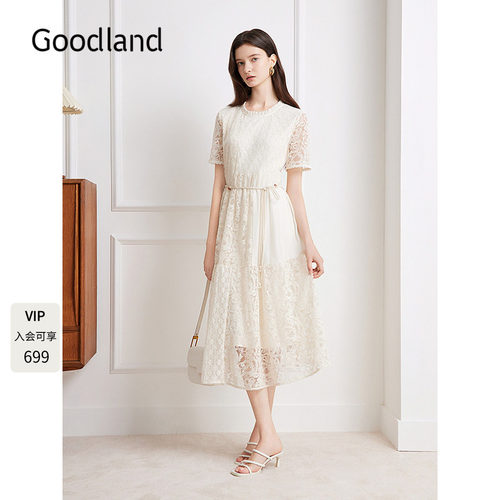 Goodland美地法式气质串珠腰带拼接蕾丝连衣裙女夏季LC35205960