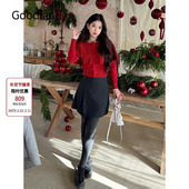 假两件针织衫 Goodland美地红色羊毛法式 斗篷开衫 上衣LC35506600