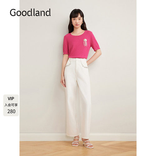 Goodland美地女装2025夏新款肌理花纱显瘦短袖针织上衣（配胸针）