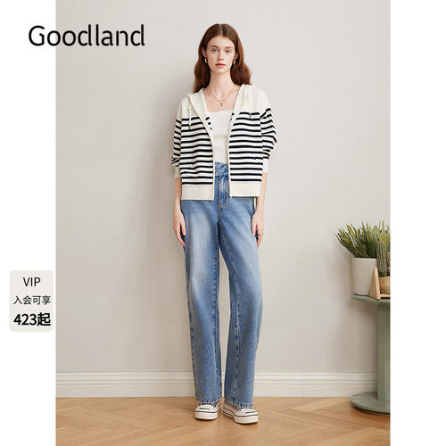 Goodland美地女装羊毛条纹连帽针织外套女/短款半身裙LC35106480