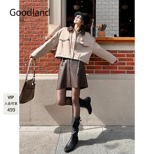 Goodland美地女装巴恩风翻领PU皮棉服短外套2025冬新款LC35510210