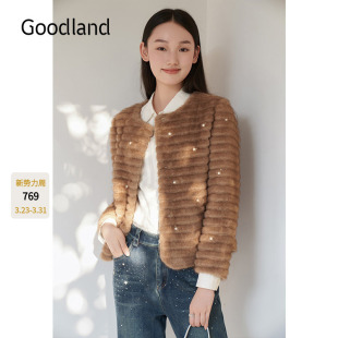 Goodland美地女装 圆领镶珠环保仿皮草毛毛外套短款