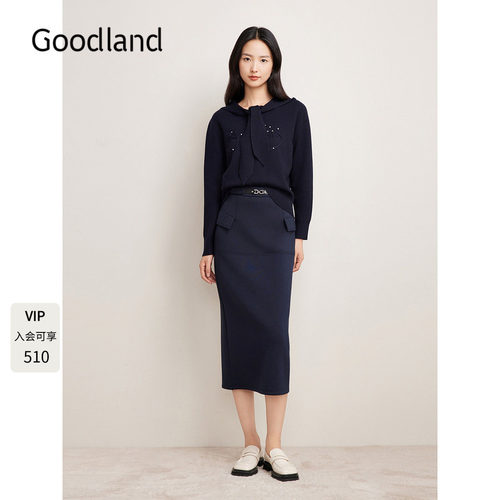 Goodland美地2024年冬季新款连帽套头卫衣绣花钉珠毛针织衫