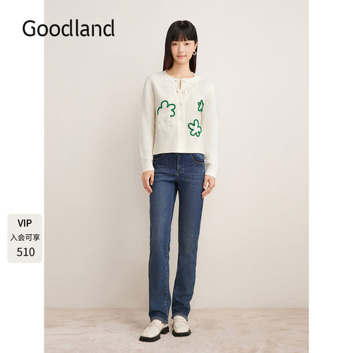 Goodland美地女装春季减龄花朵刺绣法式圆领针织开衫短款