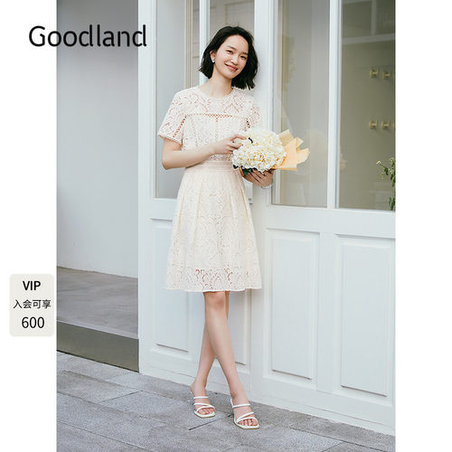 Goodland美地米白色镂空蕾丝法式连衣裙女夏季收腰a字LC35205820