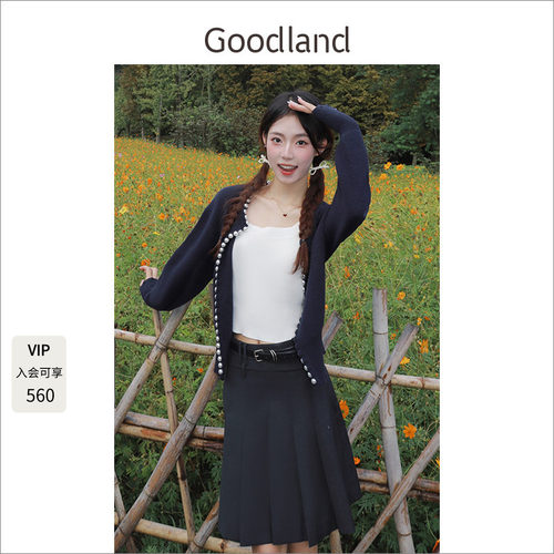 Goodland美地秋季新款羊毛混纺法式珍珠圆领针织开衫外套女