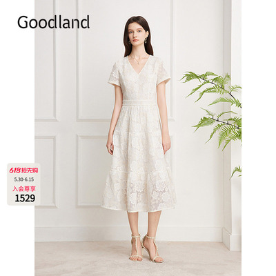 Goodland美地法式花卉蕾丝收腰V领连衣裙2026夏季新款LC36205510