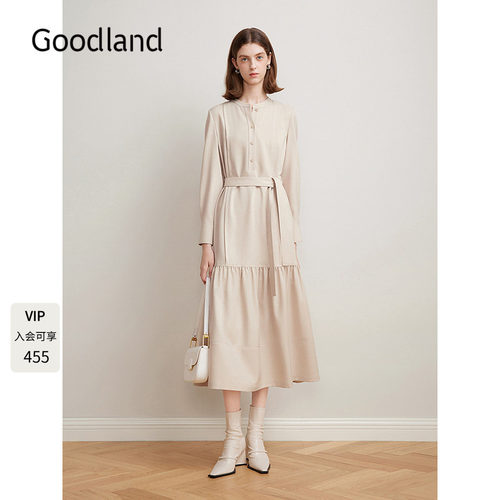 Goodland美地女装优雅米色法式衬衫式连衣裙长款LC35105290