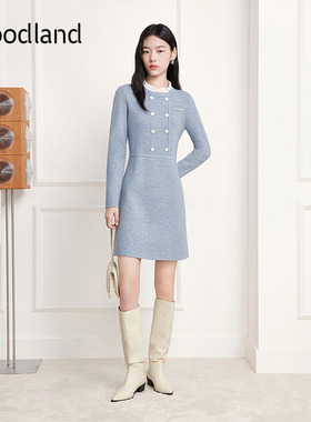 Goodland美地蓝色法式花边收腰连衣裙a字裙2025冬新款LC35506287