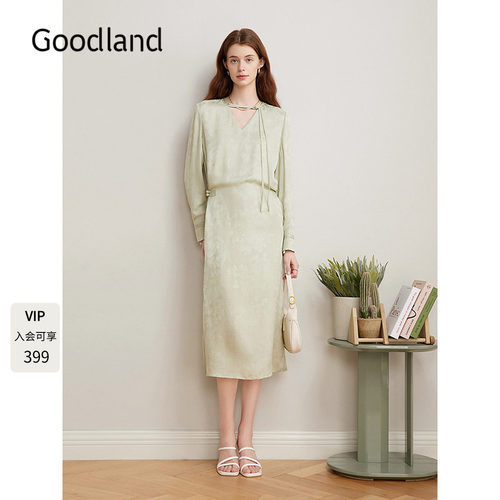 Goodland美地女装2025春季新款新中式V领提花盘扣开叉裙摆连衣裙