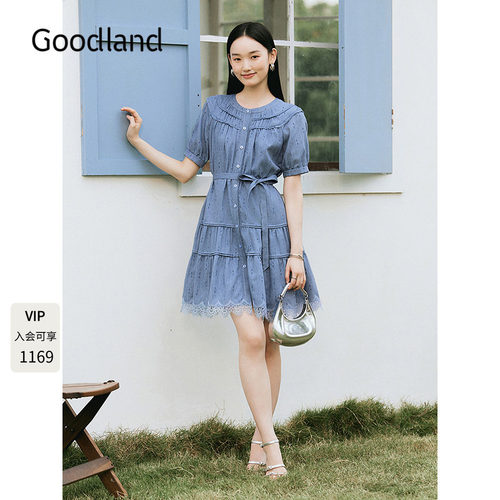 Goodland美地法式蕾丝花边短袖连衣裙女夏季绑带a字LC35205570