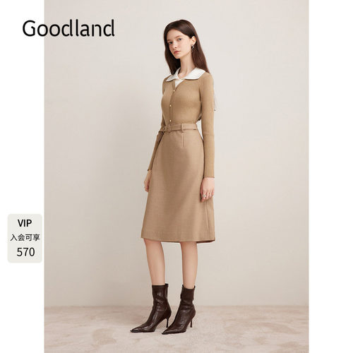 Goodland美地气质法式翻领拼接针织连衣裙修身显瘦LC34306627