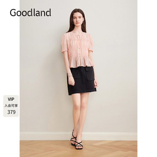 Goodland美地女装2025夏季新款西柚色法式短袖上衣蝴蝶结系带小衫