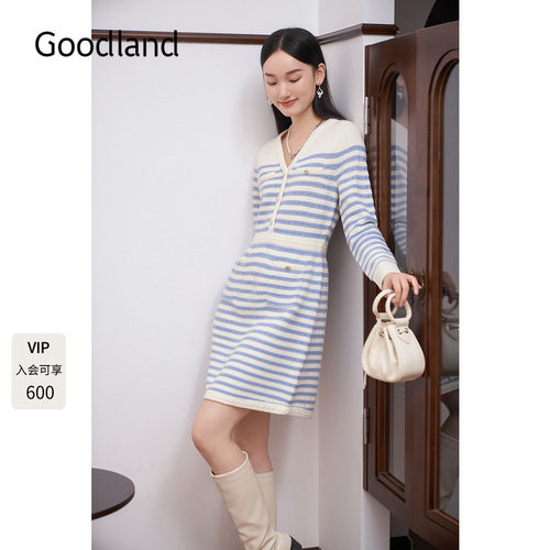 Goodland美地女装2024年冬季新款撞色条纹收腰V领针织连衣裙短款