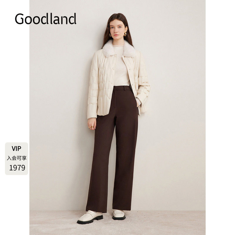 Goodland美地女装水貂毛领羊皮短款羽绒服女