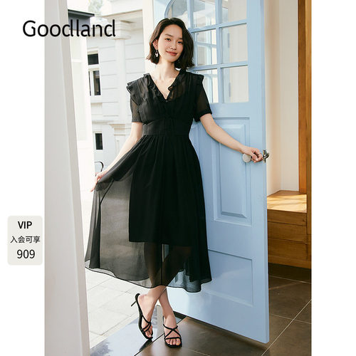 Goodland美地法式花边连衣裙女夏季收腰a字泡泡纱LC35205670